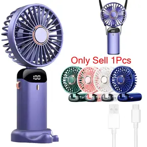 1PC Handheld Mini Fan, Electric Fan, Portable Handheld USB Rechargeable Fans, Neck Fan, USB Fan, 5 Wind Speeds, With Digital Display and Lanyard, Portable Fan, Turbo Fan, 90° Foldable Desk Fan With Base, Can be Used as a Phone Stand
