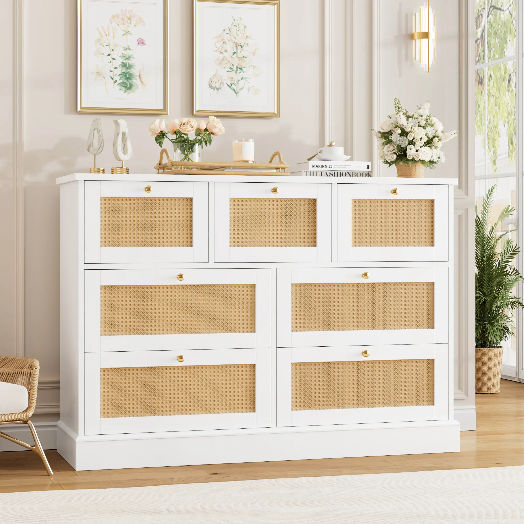 FOTOSOK White Dresser Rattan Dresser, 7 Drawer Dressers Boho Chest of Drawers with Gold Handles - TikTok Shop FOTOSOK White Dresser Rattan Dresser, 7 Drawer Dressers Boho Chest of Drawers with Gold Handles - TikTok Shop