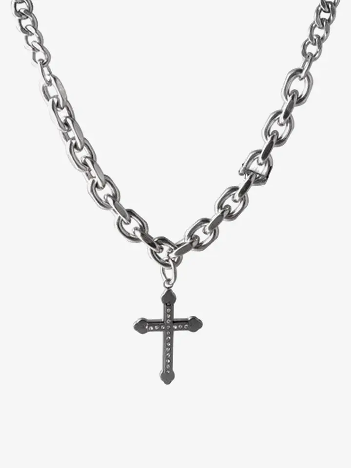 Thesupermade Classic Black Stainless Steel Cross Pendant Necklace - Unisex Casual Stainless Steel Jewelry, Cross Necklaces -1131