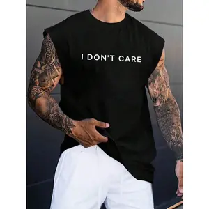 Men's Simple Printed Black Tank Top with "I Don't Care" Text Round Neck Cotton Tee for Daily Wear Travel Fitness Exercise