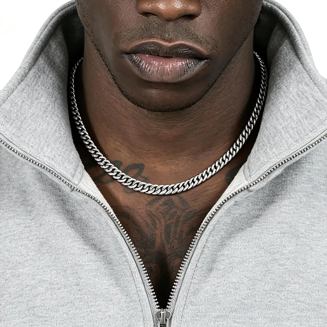 Large Cuban Chain Male Pendant-Free Neck Jewelry, Polished Silver Interlocking Links, Sweat-Resistant Sturdy Build for Active Wear, Layering Piece with Leather or Denim, Great Holiday Gift for Trendy Young Men