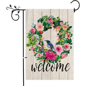 Spring Floral Wreath Welcome Garden Flag 12x18in, Double-Sided Bird & Flower Yard Decor, Farmhouse Watercolor Outdoor Banner for Patio Porch Entryway
