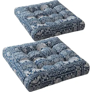 Meditation Floor Pillow Set of 2, Large Pillows Seating for Adults and Kids, Bohemian Cushion for Fireplace Yoga Living Room Sitting, Memory Foam Added, 22x22 Inch Indigo Elephant