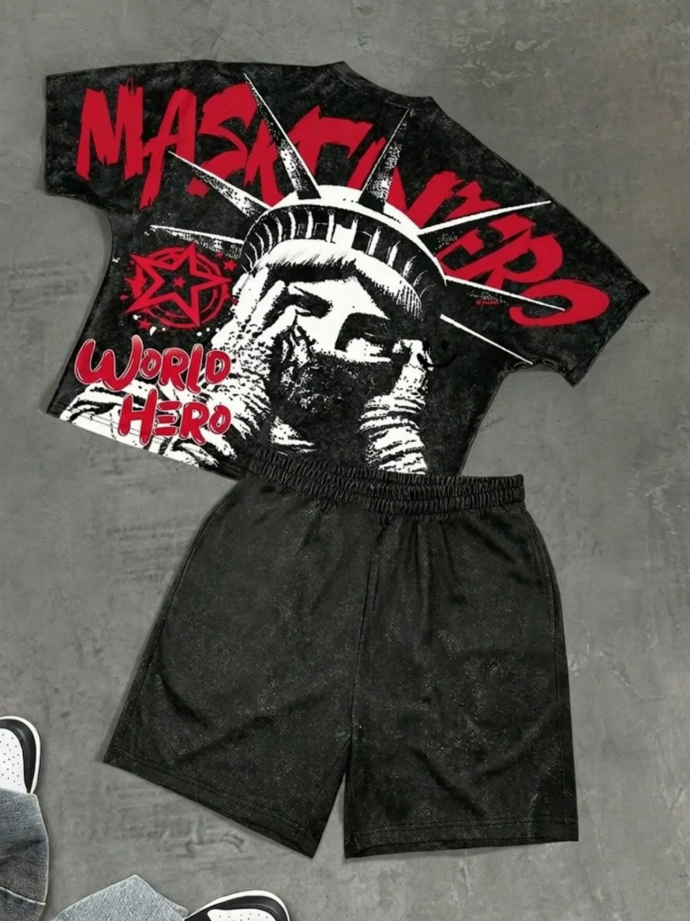 Boy Dark Retro Style Block Letter Print Short Sleeve Shorts Set, Trendy Casual Fitted Suit, All over Print, Summer Clothing Set, Co Ord Set, Outfits Set