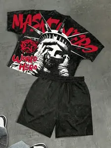 Boy Dark Retro Style Block Letter Print Short Sleeve Shorts Set, Trendy Casual Fitted Suit, All over Print