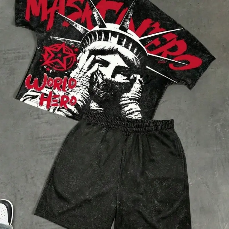Boy's Dark Retro Style Block Letter Print Short Sleeve Top & Shorts Set, Trendy Casual Fitted Outfits Set, All-Over Print Co Ord Set, Summer Clothing Set, Clothes Set