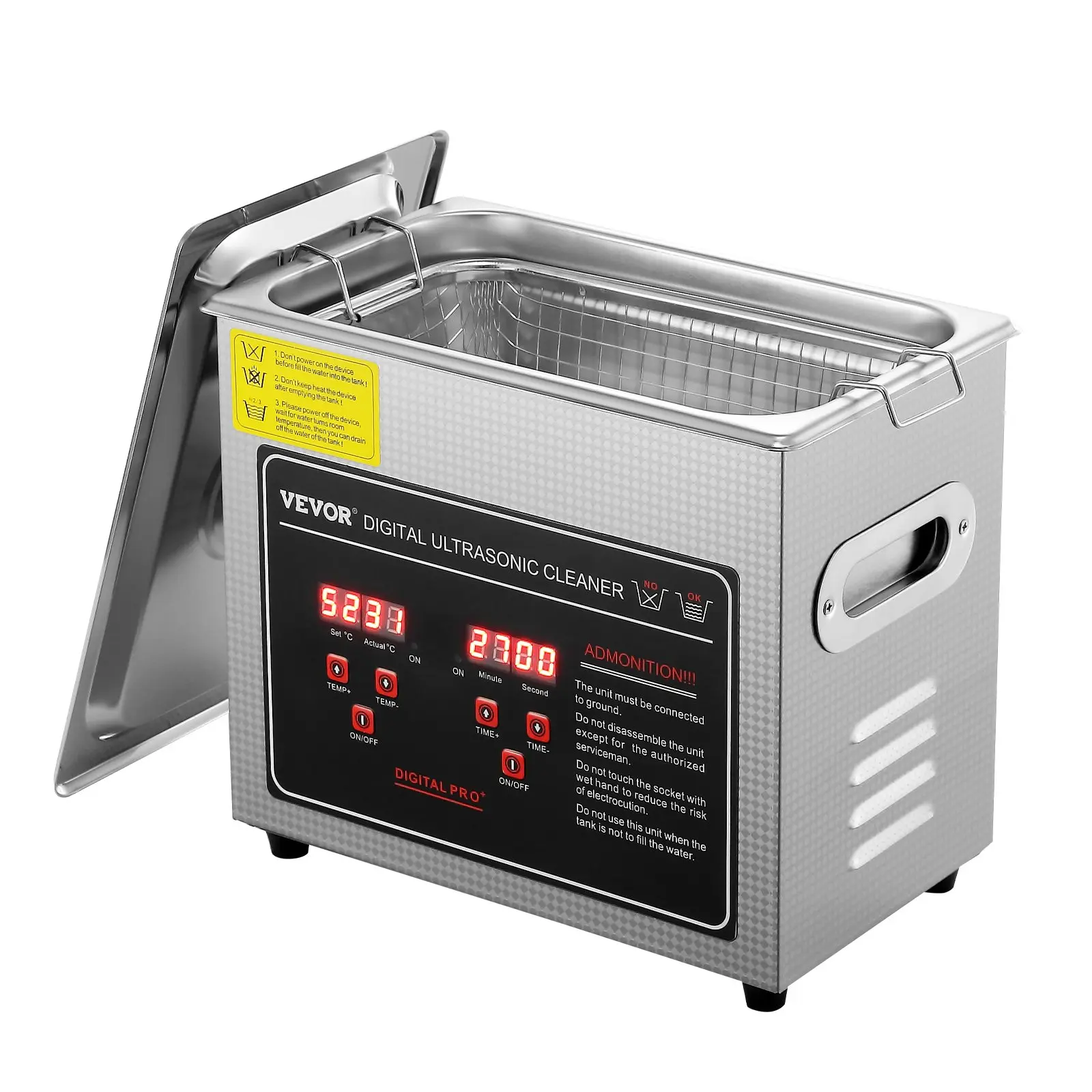 VEVOR 3L Stainless Steel Heated Ultrasonic Cleaning Machine with Digital Timer, Professional Jewelry Cleaning Tool for Glasses, Watch Rings