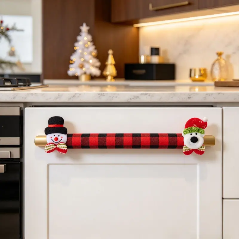 2/4/6PCS Plush Christmas Refrigerator Door Handle Covers - Red and Black Plaid Wraps with Santa, Snowman, Reindeer Character Accents, Wrap-Around Fit for Appliance Handles, Multiple Sets Option, for Door, Oven & Refrigerator Handles
