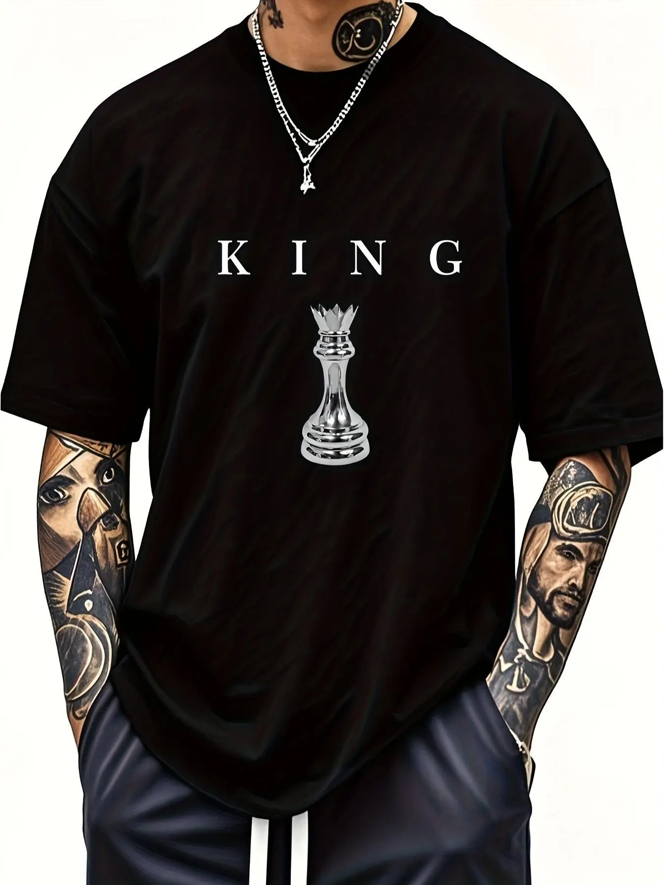 Men's Chess Print T-Shirt in 180G Heavyweight Fabric, Casual Round Neck Tee with Moisture-Wicking Pre-Shrunk Fit for All Seasons