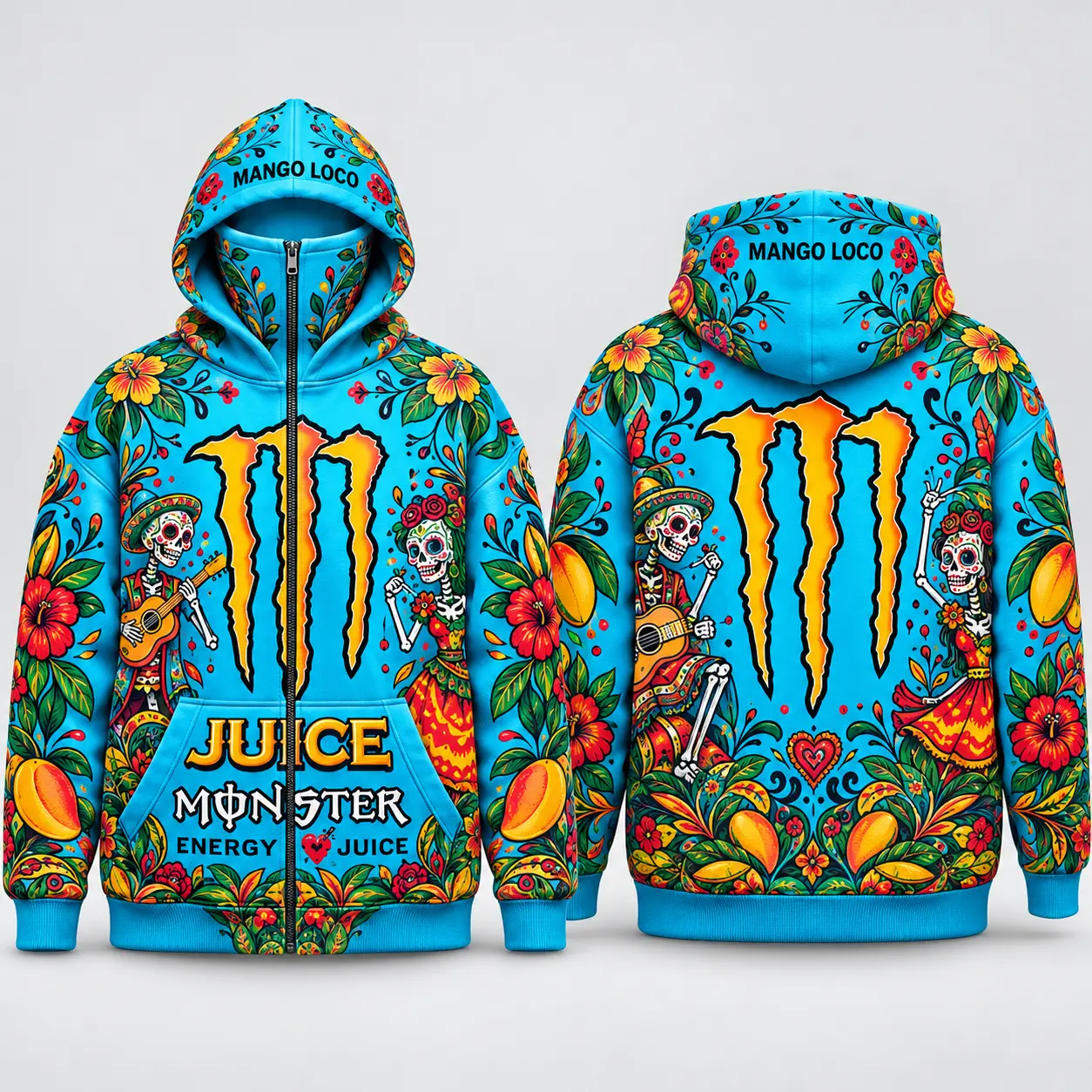 Tropical Sugar Skull Full Zip Face Cover Hoodie, Colorful Floral Skeleton Zip Up Hoodie, Unisex Day of the Dead All Over Print Fleece Sweatshirt, Streetwear Hooded Jacket