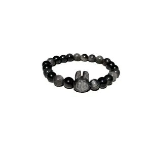 Natural Silver Sheen Obsidian Crystal Labubu Head Charm Bead Stretch Bracelet