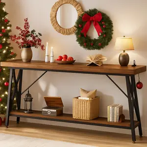 70.9'' Extra-Long Industrial Console Table with Charging Station & Storage Shelf, Rustic Brown Sofa Table for Living Room, Entryway & Behind the Couch