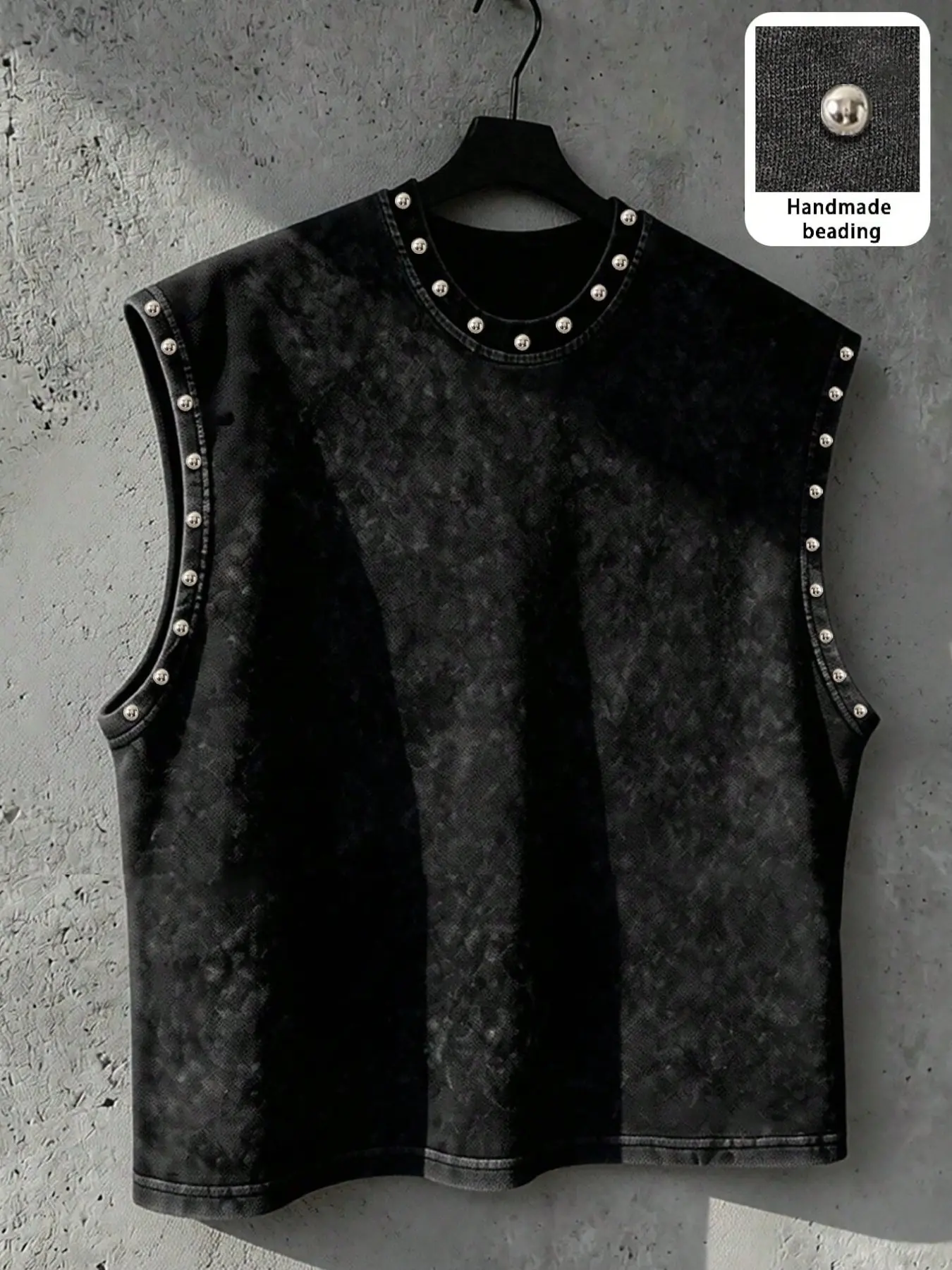 Unisex Acid Washed Black Sleeveless Tank | Handmade Studded Dark High Street Alt Casual Top