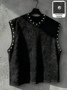 Unisex Acid Washed Black Sleeveless Tank | Handmade Studded Dark High Street Alt Casual Top