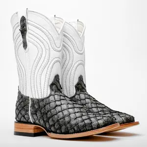 Grey Pirarucu Leather Boots - Square Toe