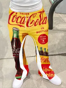 Men's Y2K Coca-Cola Vintage Print Colorblock Flare Pants, Loose Fit 3D Printed Long Casual Sporty Streetwear, Mid-Waist Hip Hop Retro Trousers