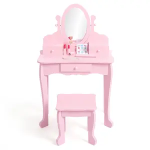 Kids Wooden Vanity Table and Chair Set, Toddler Makeup Dressing Table with Oval Mirror, Drawer & Wooden Pretend Play Accessories, Perfect for Little Girls Pretend Play