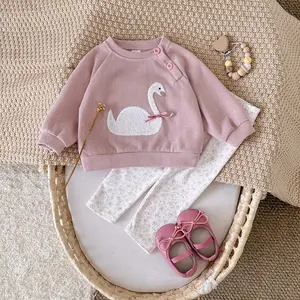2Pcs/Set Spring Autumn Toddler Kids Clothes Cartoon Patches Round Neck Pink Sweatshirt Comfortable Fresh Long Pants Sweet Cute Baby Outfit