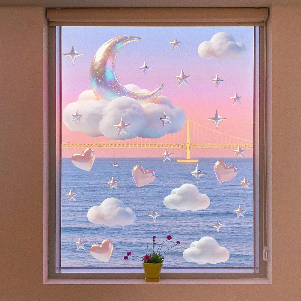 1 Pc 30×60cm Dreamy Clouds Stars & Moon Static Cling Window Sticker Glass Sticker for Living Room & Balcony Window Decor