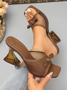 Elegant Women's Square Toe Shoes with Ankle Strap, Comfy Sandals, Striped Slogan Design, Rubber Sole, European and American Style Wedding Accessories