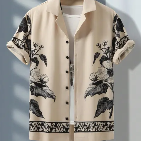 Men's Floral Print Short Sleeve Shirt, Casual Style Shirt, Casual Fitted Shirt, Regular Fit Casual Button Front Collared Top for Summer, Men's Clothes for Beach Vacation, Menswear, Casual Stylish Menswear, Collared Shirts