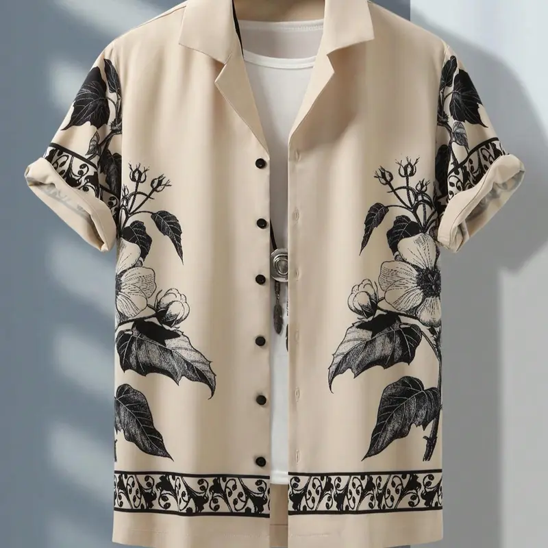 Men's Floral Print Short Sleeve Shirt, Casual Style Shirt, Casual Fitted Shirt, Regular Fit Casual Button Front Collared Top for Summer, Men's Clothes for Beach Vacation, Menswear, Casual Stylish Menswear, Collared Shirts