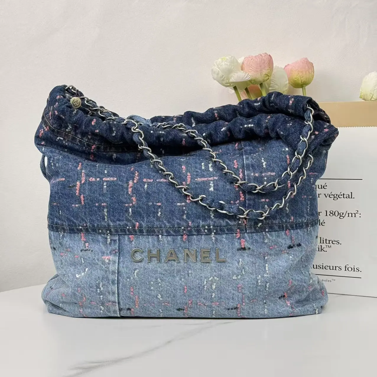 Pre-owned CHANEL 22 Chain Hobo Denim with Sequins Medium