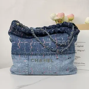 Pre-owned CHANEL 22 Chain Hobo Denim with Sequins Medium