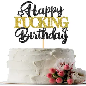 Happy Fuxking Birthday Cake Topper - Funny Birthday Party Decor - Boys Girls Adults Birthday Party Cake Decorations Supplies, Happy Bday Party Photo Props Black  Glitter