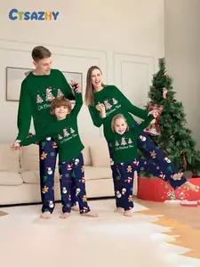 Family Matching Christmas Pajamas Set, Top with Tree Print & Blue Pants, Soft Fabric, Festive Holiday Style, Cozy Family Sleepwear