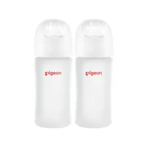 Pigeon Silicone Coating (Glass Inside/Silicone Outside) Baby Bottle, Wide Neck, Streamlined Body, Natural Feel, Easy to Clean, Heat-Resistant, 8 Oz (Pack of 2), Includes 2 pcs M Nipples (3m+)