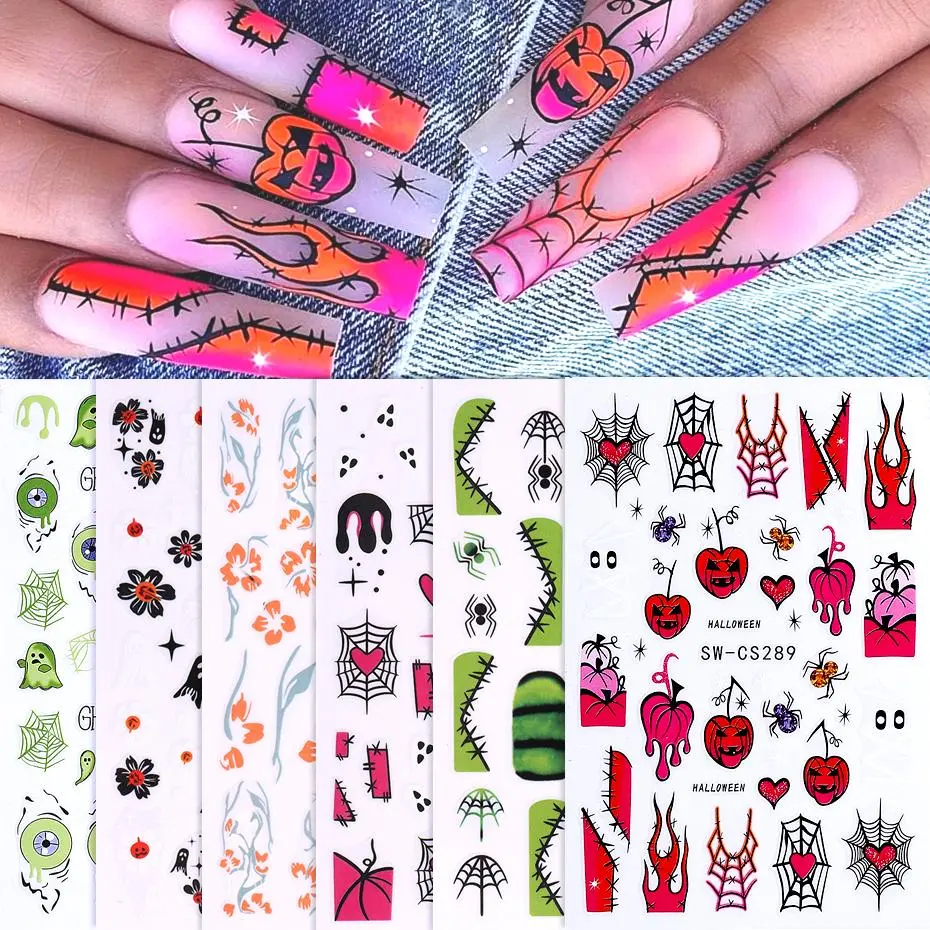 6pcs 3D Skull Halloween Pumpkin Nail Stickers Self Adhesive Spider/Evil Eye/Ghost/ Flame Design Nail Decal  Manicure Decoration