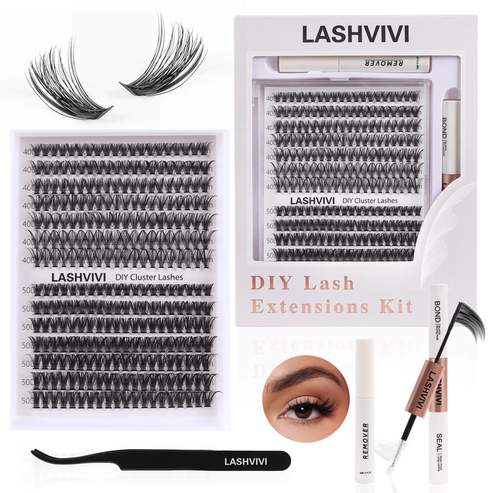 LASHVIVI 280 Clusters DIY Cluster Lash Extension Kit 40D+50D Multi-Layered Eyelashes Waterproof Bond and Seal