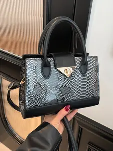 New Lock Buckle Fashion Patchwork Snakeskin Print Large Capacity Simple Shoulder Crossbody Handbag, Elegant All Seasons Bag