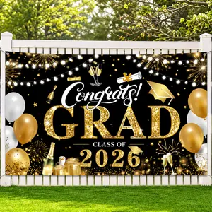Graduation Banner 2026 Black and Gold, 72.8 x 43.3 Inch Congrats Grad Banner and Large Congratulations Class of 2026 Graduation Backdrop for Party Decorations, Photo Booth, Ceremony Wall Decor and Graduation Celebration Supplies