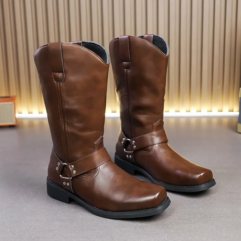 (New)Men's Shoes Black High-top Long Boots for Men, with a Cool and Shiny Surface and Metal Buckles for Embellishment.Large-sized 38-46 British-style Rider Boots, Suitable for Street Wear, Rider Style Motorcycle Boots and Cowboy Boots