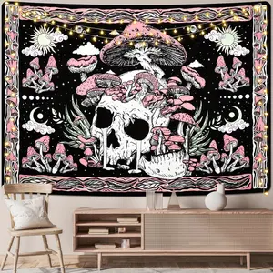 Large Pink Tapestry Featuring a Mushroom And Skull Design, Perfect for a Hippie Aesthetic Bedroom Or As a Wall Hanging for Any Room.