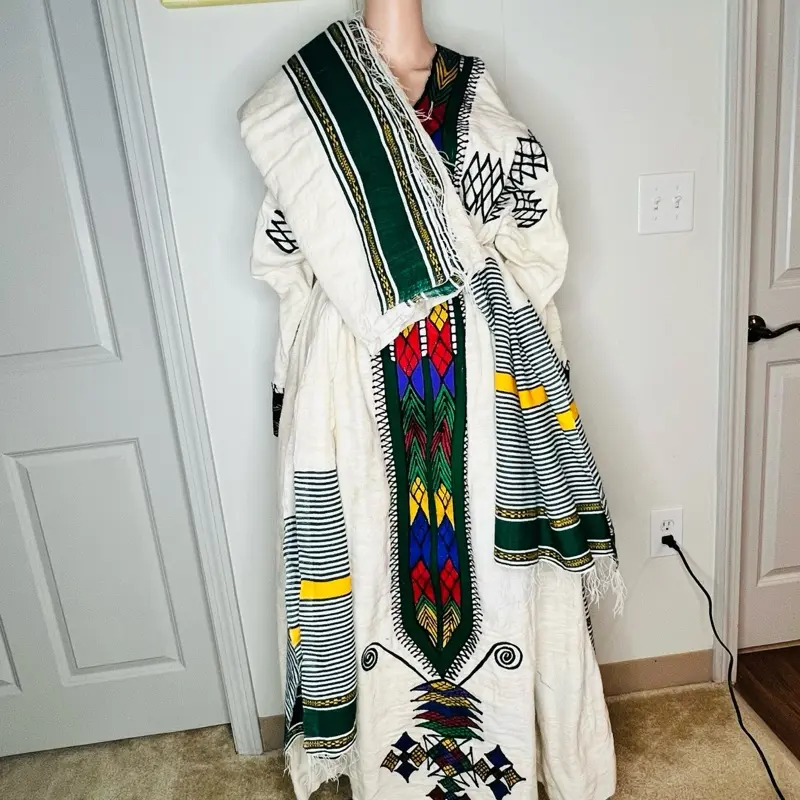 Ethiopian Habesha Dress - Pure ማግ with Vibrant Geometric Patterns and ...