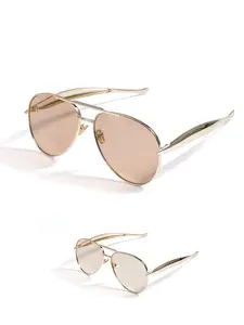 Gold Frame Aviator Sunglasses for Women Men, Light Brown Tinted Lens UV400 Protection, Retro Pilot Sunglasses, Fashion Oversized Metal Frame Sun Glasses for Driving Travel Daily