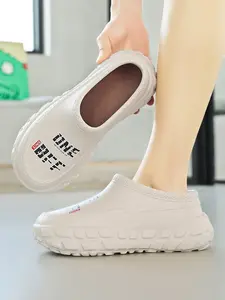 Unisex Khaki Letter Print Clogs: Thick-Soled Anti-Slip, Summer Outdoor Slippers