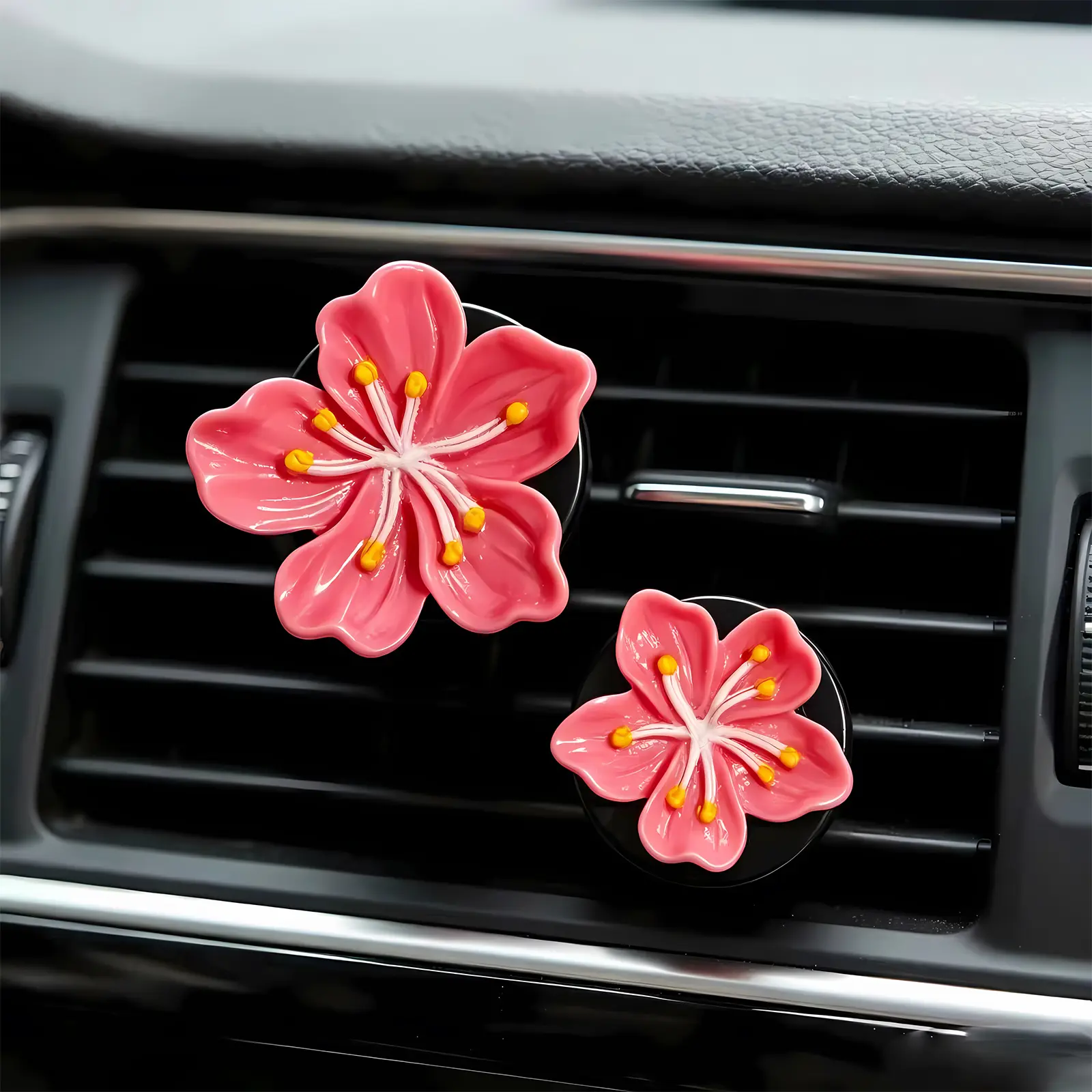 【Fragrance-Free】Cute Cherry Blossom Car Air Vent Clips, 2Pcs Big & Small Flower Decor Ornaments, No-Scent Interior Accessories