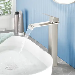 Single Handle Single Hole Bathroom Faucet with Pop-Up Drain Deck Mounted Waterfall Faucet for Vessel Sink in Matte Black, Brushed Nickel, Brushed Gold