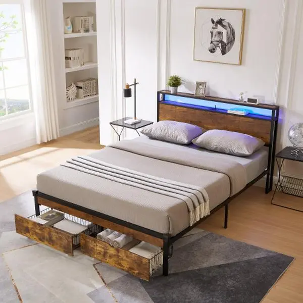 [Bellemave]Full /Queen/King/Size Metal Platform Bed Frame with Wooden Headboard and Footboard with USB,Charging Station,2 Drawers,LED Lights, No Box Spring Needed, Easy Assemble