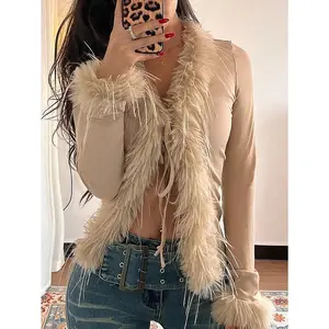 Y2K Mesh Lace Open-Front Fuzzy Long-Sleeve Spring Faux Fur T‑Shirt GARMENTARY