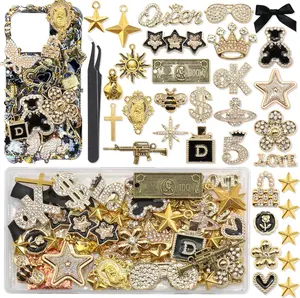 BELICEY Gold Junk Case Charms Kit, Junk Phone Cases with Big Charm Sparkly Rhinestone Star Cross Jewelry Making Charm Punk Aesthetic Big Decor for Customizing Case DIY Craft