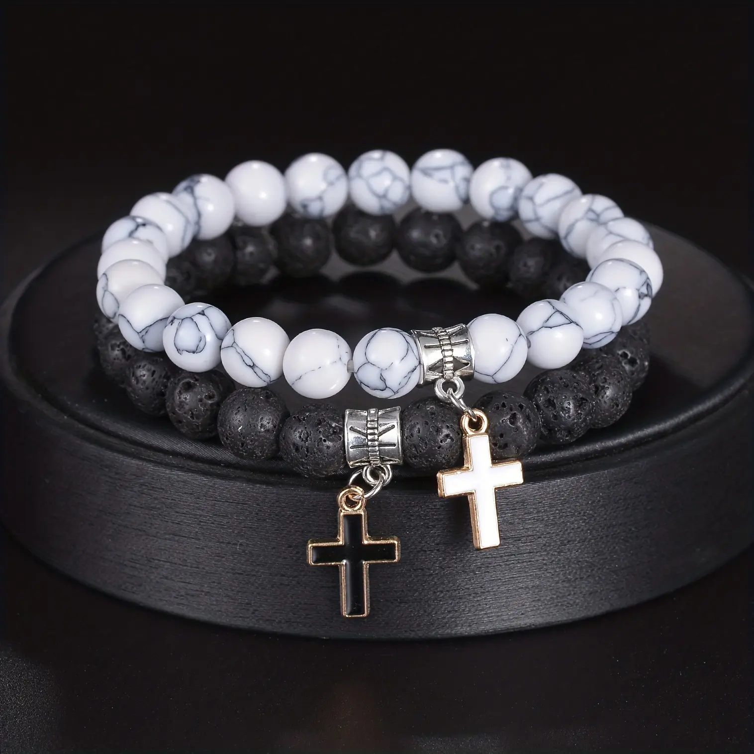 8mm Volcanic Stone Cross Bracelet Set - Men's, Women's Couple Matching Natural Stone Beaded Jewelry Gift