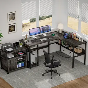 Cyclysio 47'' Reversible L-Shaped Computer Desk with Charging Station and Storage Shelves, Home Office Corner Gaming Desk with Shelf, Easy to Assembly