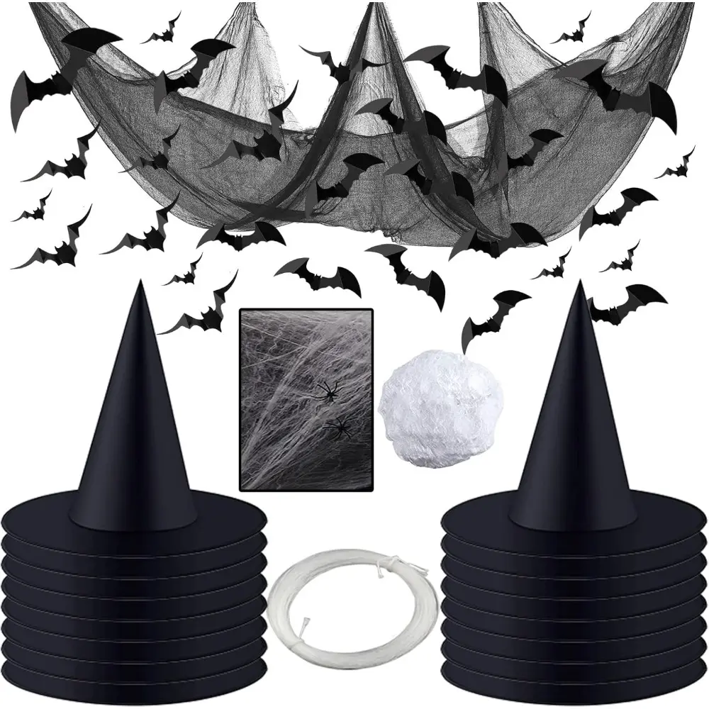 Halloween Witch Hats With Accessories – 16 Witches Hats, 48 Pieces 3d Bats, 1 Roll Hanging Rope, 1 Pack Spider Web, 1 Pack Halloween Creepy Cloth, Witch Hat Bulk, Floating Black Witch Hat Decor