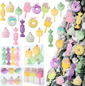 17 Pcs Pastel Christmas Tree Ornaments Candy Lollipop Donut Cake Ice Cream Ornaments Macaron Color Christmas Tree Hanging Set for Xmas New Year Holiday Party Decor