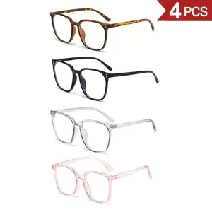 4-Pack Women's Blue Light Blocking Glasses Anti-Round Face Eyewear Set 4 Fashion Frame Colors Internet Celebrity Style Windproof No-Makeup Essential Leopard Pattern Eyeglasses